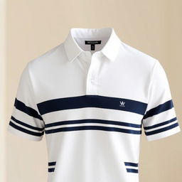 A stylish white collar t-shirt with dark blue stripes, showcasing a modern and fashionable design