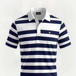 A stylish white collar t-shirt with dark blue stripes, showcasing a modern and fashionable design