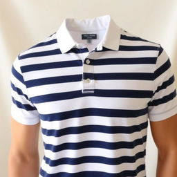 A stylish white collar t-shirt with dark blue stripes, showcasing a modern and fashionable design