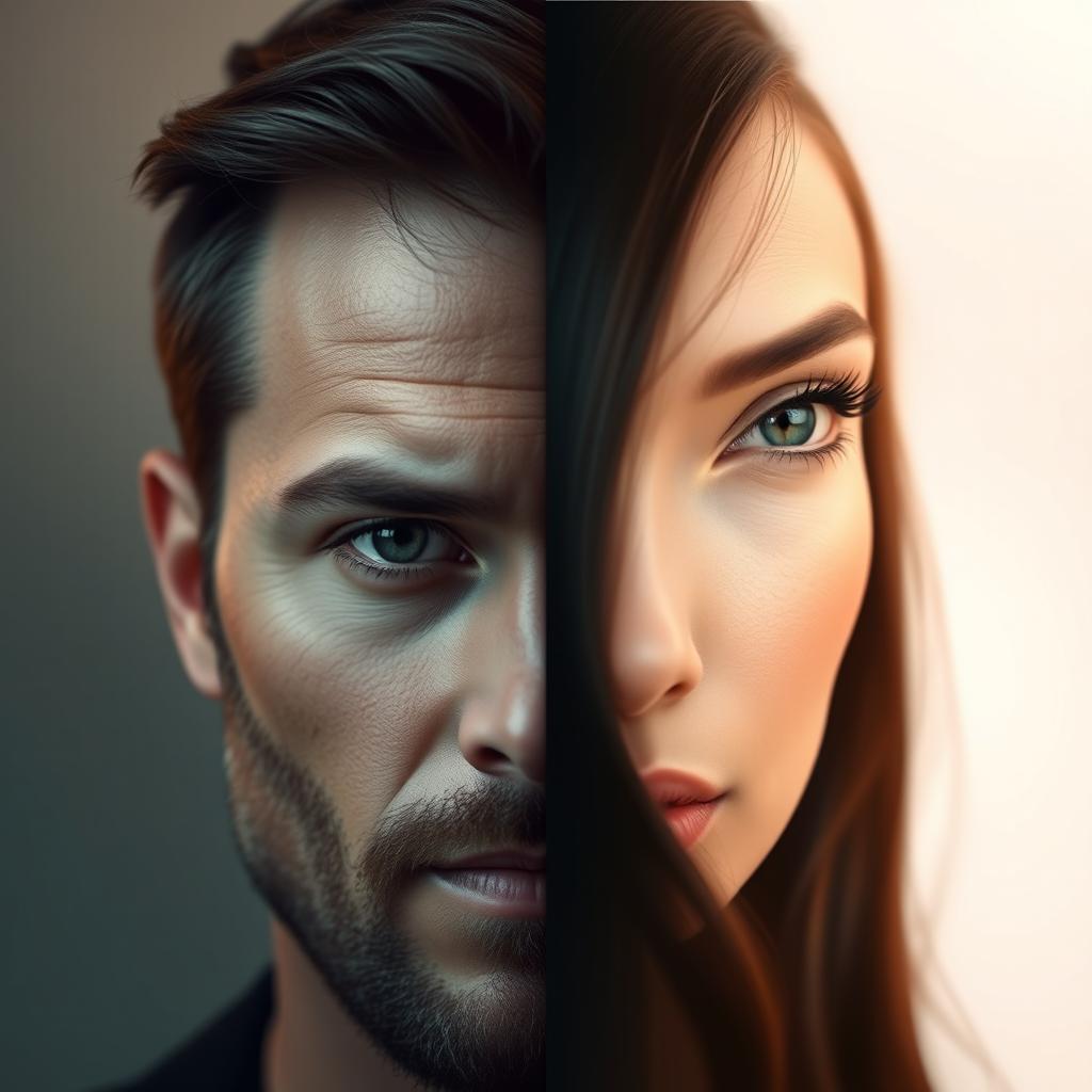 An artistic blend of two distinct faces, seamlessly merging features from each