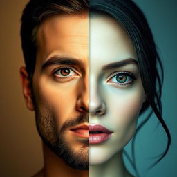 An artistic blend of two distinct faces, seamlessly merging features from each