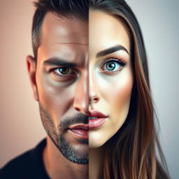 An artistic blend of two distinct faces, seamlessly merging features from each
