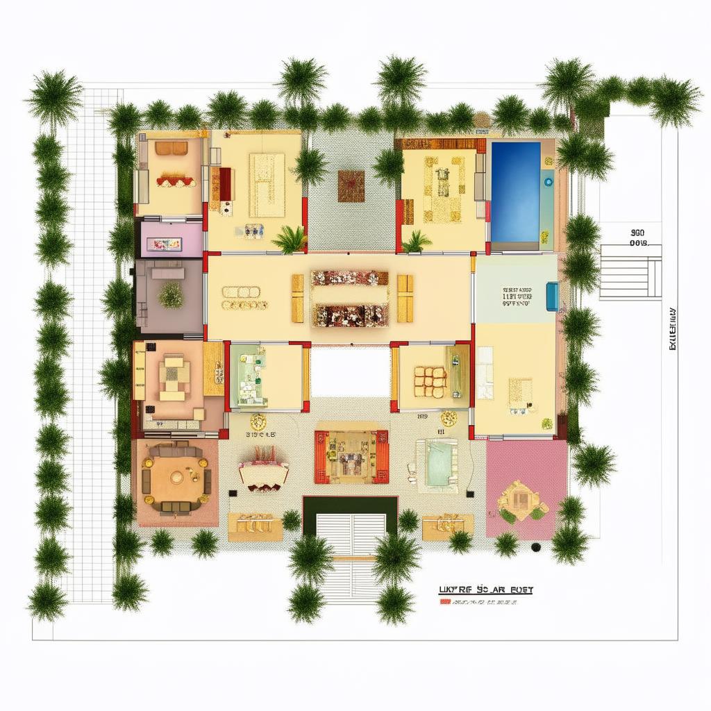 A 50'x65' house floor plan with 3 bedrooms, a living room, a drawing room, a kitchen with adjacent storage, a bathroom featuring a swimming pool, an indoor garden and courtyard, a servant's quarters, a mandir, and a two-car parking area.