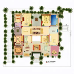 A 50'x65' house floor plan with 3 bedrooms, a living room, a drawing room, a kitchen with adjacent storage, a bathroom featuring a swimming pool, an indoor garden and courtyard, a servant's quarters, a mandir, and a two-car parking area.