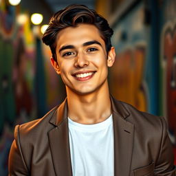 A handsome young man with chiseled features, bright smile, and confident demeanor
