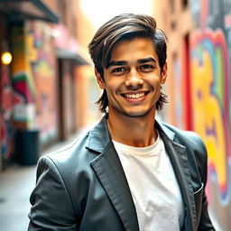 A handsome young man with chiseled features, bright smile, and confident demeanor