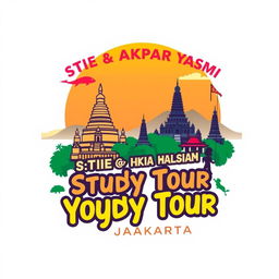 A vibrant and colorful T-shirt design featuring a study tour theme for STIE & AKPAR Yasmi in Yogyakarta