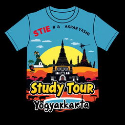 A vibrant and colorful T-shirt design featuring a study tour theme for STIE & AKPAR Yasmi in Yogyakarta