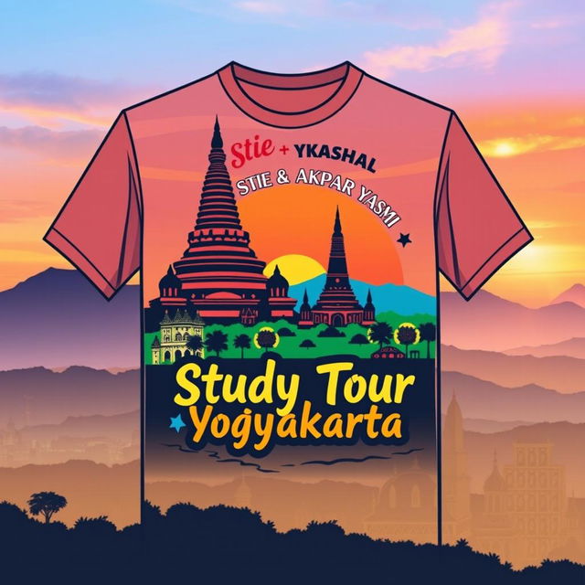 A vibrant and colorful T-shirt design featuring a study tour theme for STIE & AKPAR Yasmi in Yogyakarta