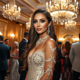 A stunningly beautiful woman exuding elegance and confidence, wearing a dazzlingly intricate gown adorned with jewels, set against a lavish ballroom backdrop with crystal chandeliers and soft golden lighting
