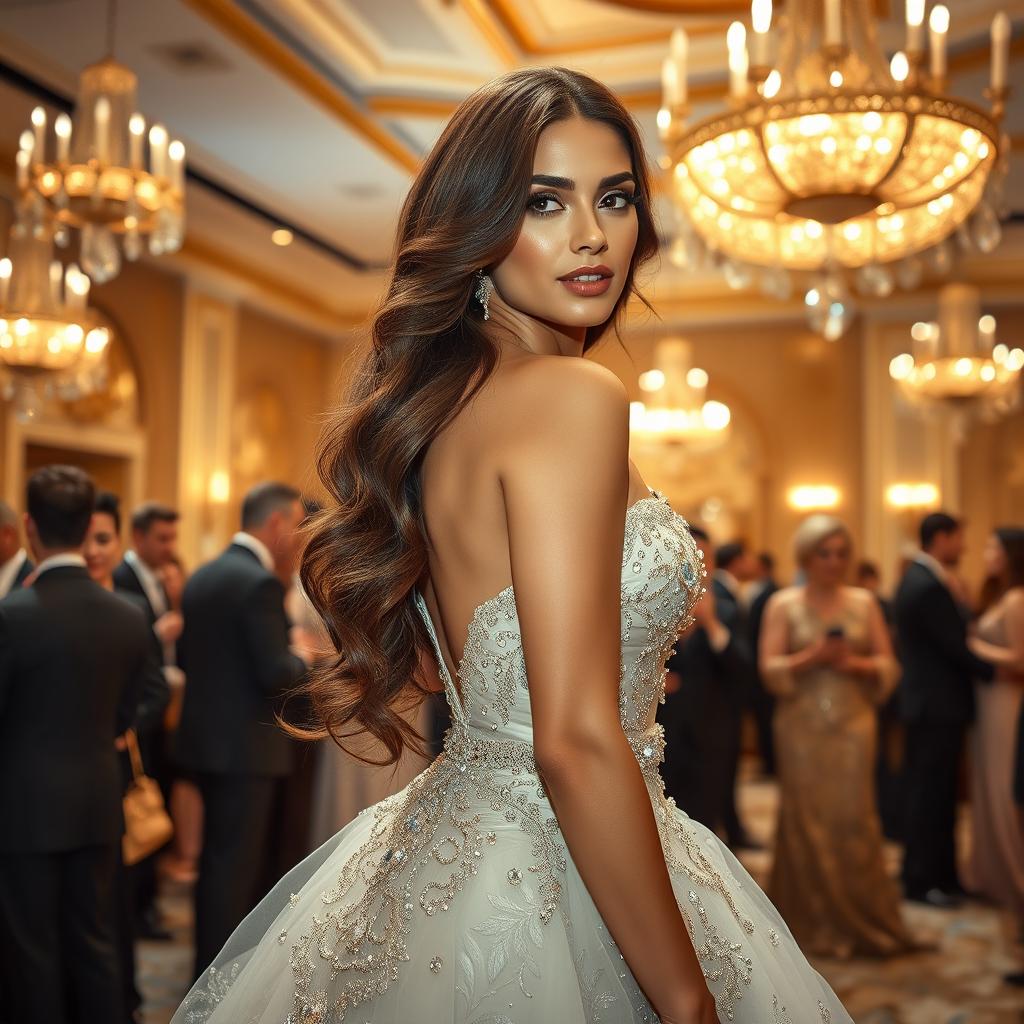 A stunningly beautiful woman exuding elegance and confidence, wearing a dazzlingly intricate gown adorned with jewels, set against a lavish ballroom backdrop with crystal chandeliers and soft golden lighting