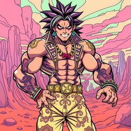 A character transformed into the iconic art style of Jojo's Bizarre Adventure, featuring exaggerated muscular proportions, dynamic poses, and vibrant colors