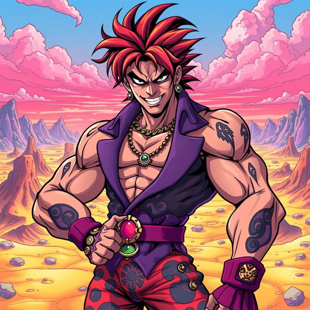 A character transformed into the iconic art style of Jojo's Bizarre Adventure, featuring exaggerated muscular proportions, dynamic poses, and vibrant colors