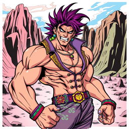 A character transformed into the iconic art style of Jojo's Bizarre Adventure, featuring exaggerated muscular proportions, dynamic poses, and vibrant colors