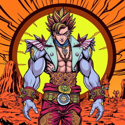 A character transformed into the iconic art style of Jojo's Bizarre Adventure, featuring exaggerated muscular proportions, dynamic poses, and vibrant colors