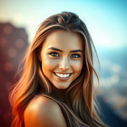 A portrait of a stunning woman with captivating features and a bright smile, enhanced with a soft and dreamy filter that gives the image an ethereal quality