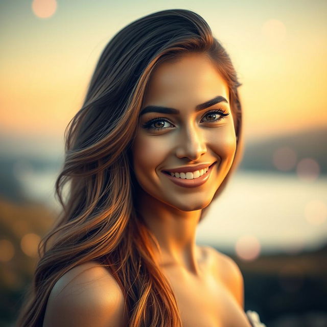 A portrait of a stunning woman with captivating features and a bright smile, enhanced with a soft and dreamy filter that gives the image an ethereal quality