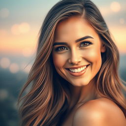 A portrait of a stunning woman with captivating features and a bright smile, enhanced with a soft and dreamy filter that gives the image an ethereal quality