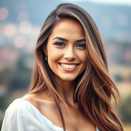A portrait of a stunning woman with captivating features and a bright smile, enhanced with a soft and dreamy filter that gives the image an ethereal quality