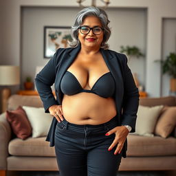 A realistic portrait of a beautiful mature chubby Indian woman aged 50, wearing a black bra and low waist black tight jeans paired with striking red heels