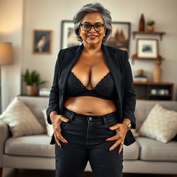 A realistic portrait of a beautiful mature chubby Indian woman aged 50, wearing a black bra and low waist black tight jeans paired with striking red heels