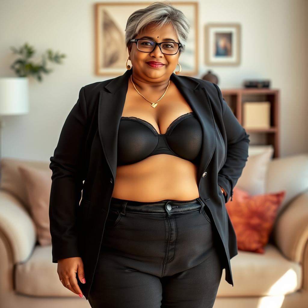 A realistic portrait of a beautiful mature chubby Indian woman aged 50, wearing a black bra and low waist black tight jeans paired with striking red heels