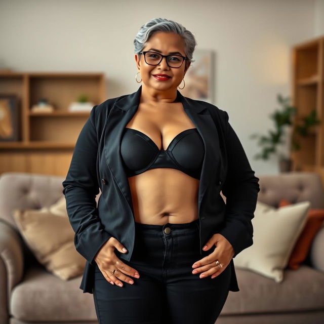 A realistic portrait of a beautiful mature chubby Indian woman aged 50, wearing a black bra and low waist black tight jeans that are unzipped, complemented by striking red heels