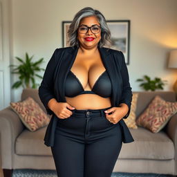 A realistic portrait of a beautiful mature chubby Indian woman aged 50, wearing a black bra and low waist black tight jeans that are unzipped, complemented by striking red heels