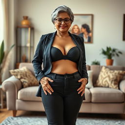 A realistic portrait of a beautiful mature chubby Indian woman aged 50, wearing a black bra and low waist black tight jeans that are unzipped, complemented by striking red heels