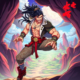 A dynamic and vibrant illustration of Hua Cheng, depicted in the distinctive JoJo's Bizarre Adventure art style