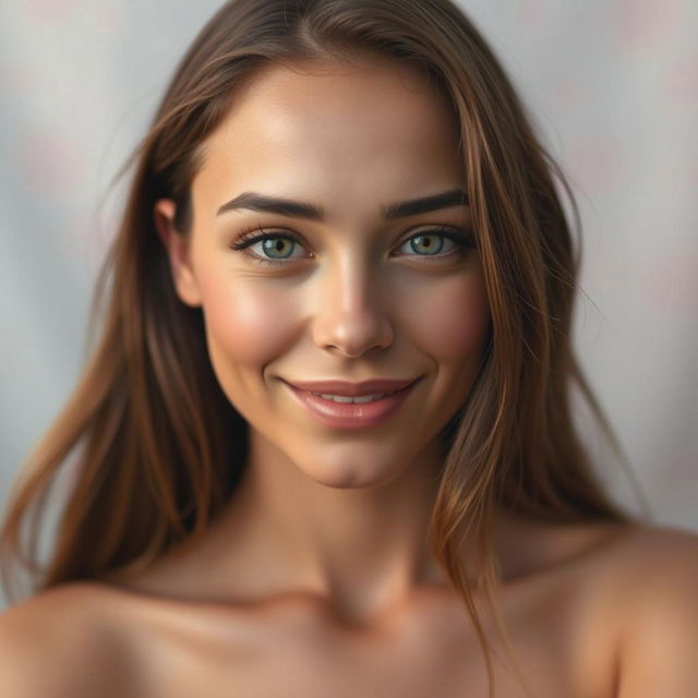 A close-up portrait of a young woman with long, flowing brown hair and striking green eyes