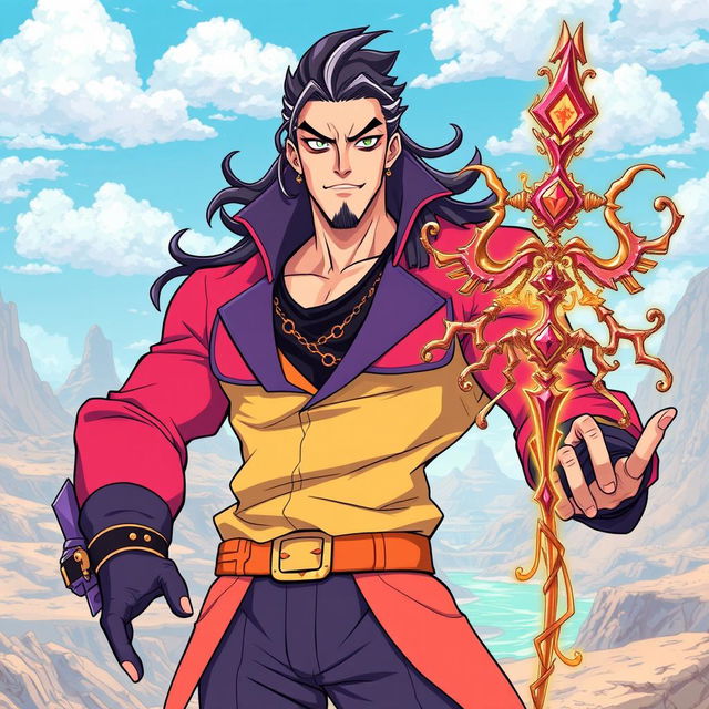 A vibrant and dynamic illustration of Hua Cheng, transformed into the distinctive JoJo's Bizarre Adventure art style