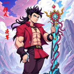 A vibrant and dynamic illustration of Hua Cheng, transformed into the distinctive JoJo's Bizarre Adventure art style