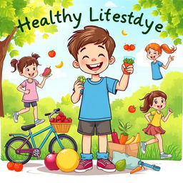 A vibrant and colorful graphic illustration depicting a healthy child engaging in various activities that promote a healthy lifestyle