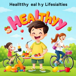 A vibrant and colorful graphic illustration depicting a healthy child engaging in various activities that promote a healthy lifestyle