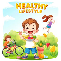 A vibrant and colorful graphic illustration depicting a healthy child engaging in various activities that promote a healthy lifestyle