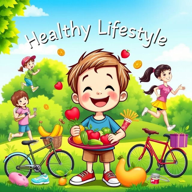 A vibrant and colorful graphic illustration depicting a healthy child engaging in various activities that promote a healthy lifestyle