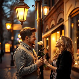 A romantic scene in the evening where a man is presenting a beautiful rose branch to a woman beneath a vintage electric light pole
