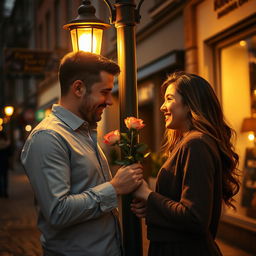 A romantic scene in the evening where a man is presenting a beautiful rose branch to a woman beneath a vintage electric light pole