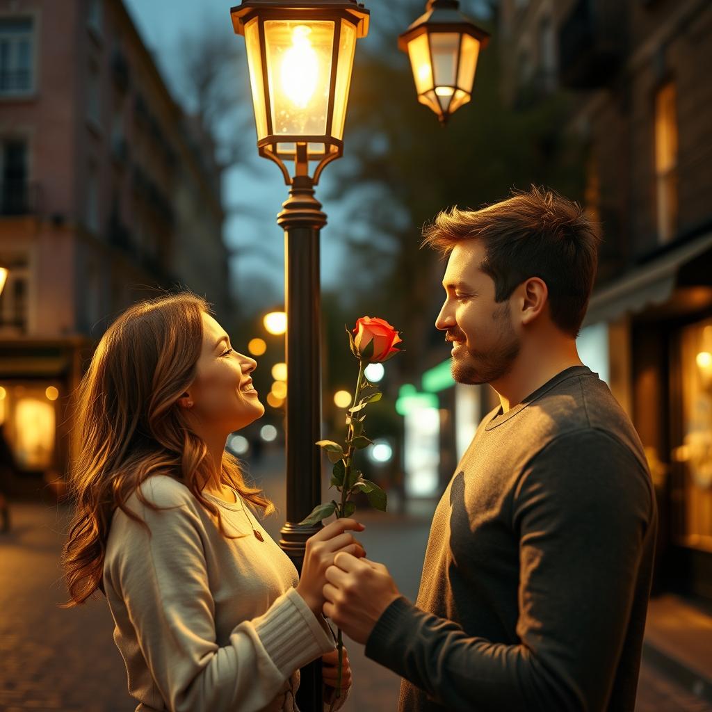 A romantic scene in the evening where a man is presenting a beautiful rose branch to a woman beneath a vintage electric light pole