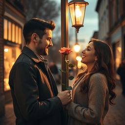 A romantic scene in the evening where a man is presenting a beautiful rose branch to a woman beneath a vintage electric light pole