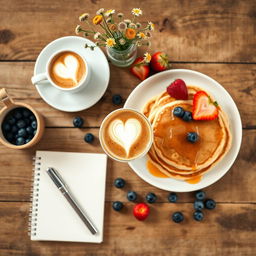 A beautifully curated flat lay of a cozy breakfast scene on a rustic wooden table