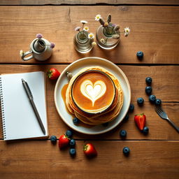 A beautifully curated flat lay of a cozy breakfast scene on a rustic wooden table