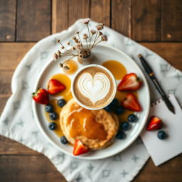 A beautifully curated flat lay of a cozy breakfast scene on a rustic wooden table