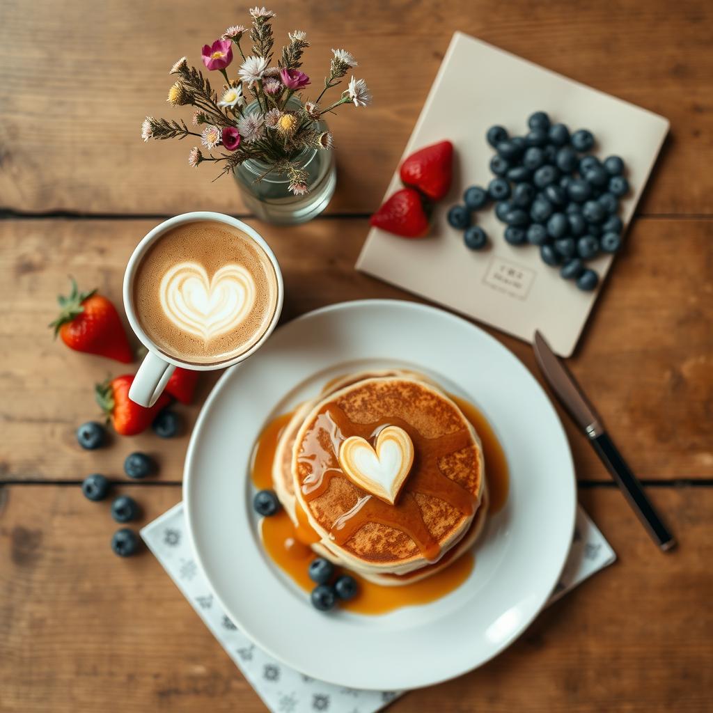 A beautifully curated flat lay of a cozy breakfast scene on a rustic wooden table