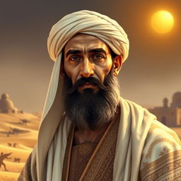 A portrait of Abu Bakr, the first Caliph of Islam, depicted in historical attire relevant to the 7th century