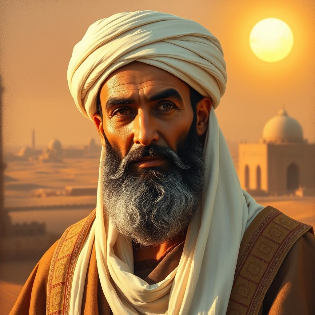 A portrait of Abu Bakr, the first Caliph of Islam, depicted in historical attire relevant to the 7th century