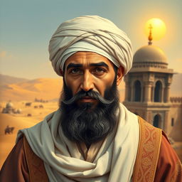 A portrait of Abu Bakr, the first Caliph of Islam, depicted in historical attire relevant to the 7th century