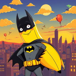 A whimsical and colorful illustration of Batman as a banana, known as 'Banana Batman'