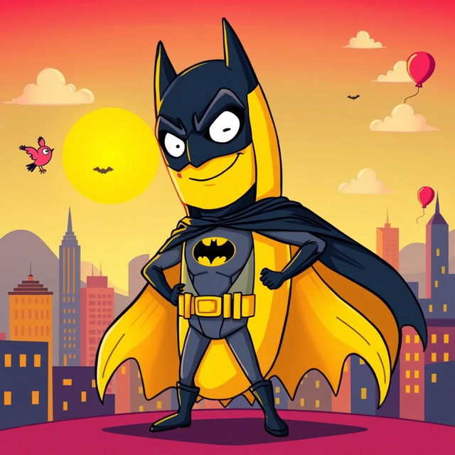 A whimsical and colorful illustration of Batman as a banana, known as 'Banana Batman'